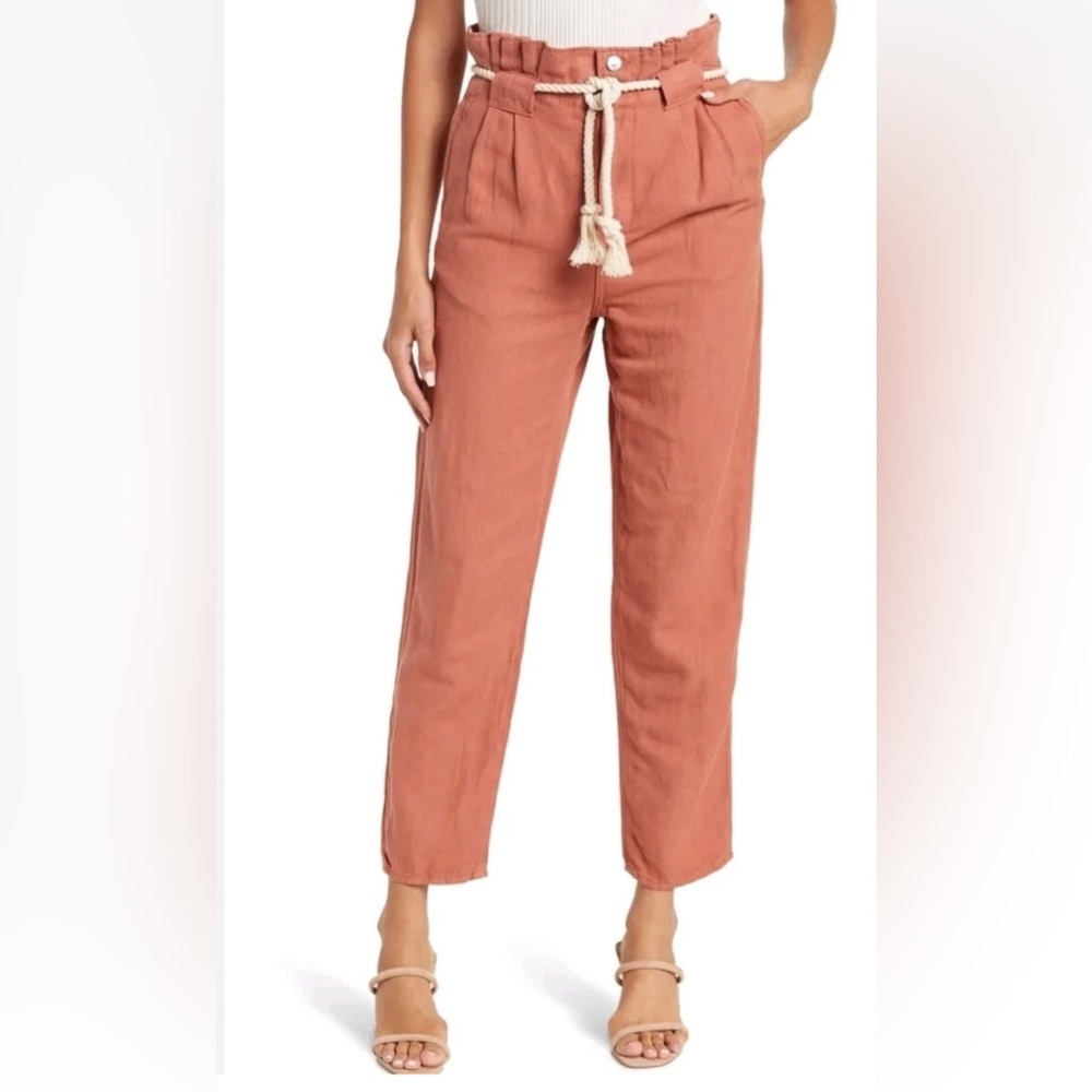 Veronica Beard Women 00 Karter Paperbag Pants Linen Blend Casual Crop Belted